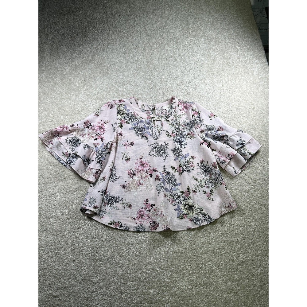 Urban Romantics Shirt Womens Large Pink Floral Ruffle Sleeve Keyhole Blouse Top